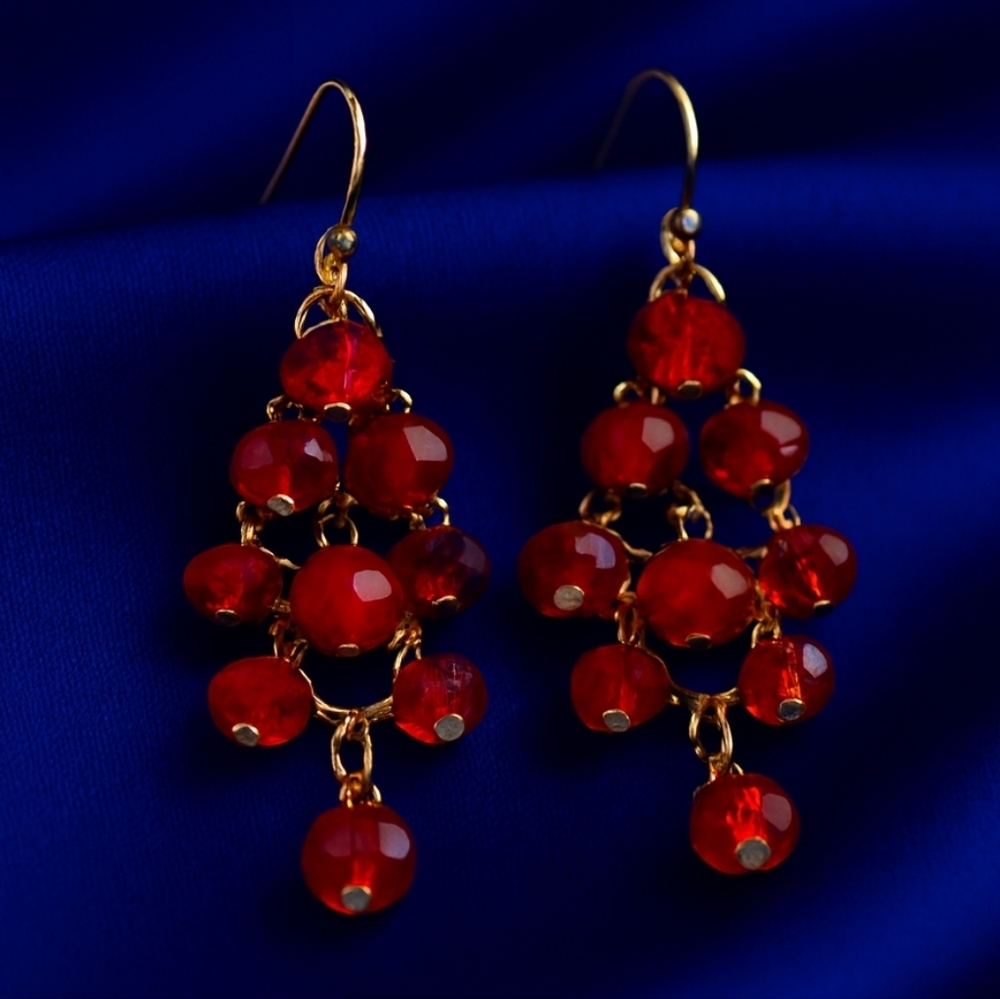 Charming Charlie Red Chandelier Beaded Earrings – Gold Cascade - Fashion Jewelry
